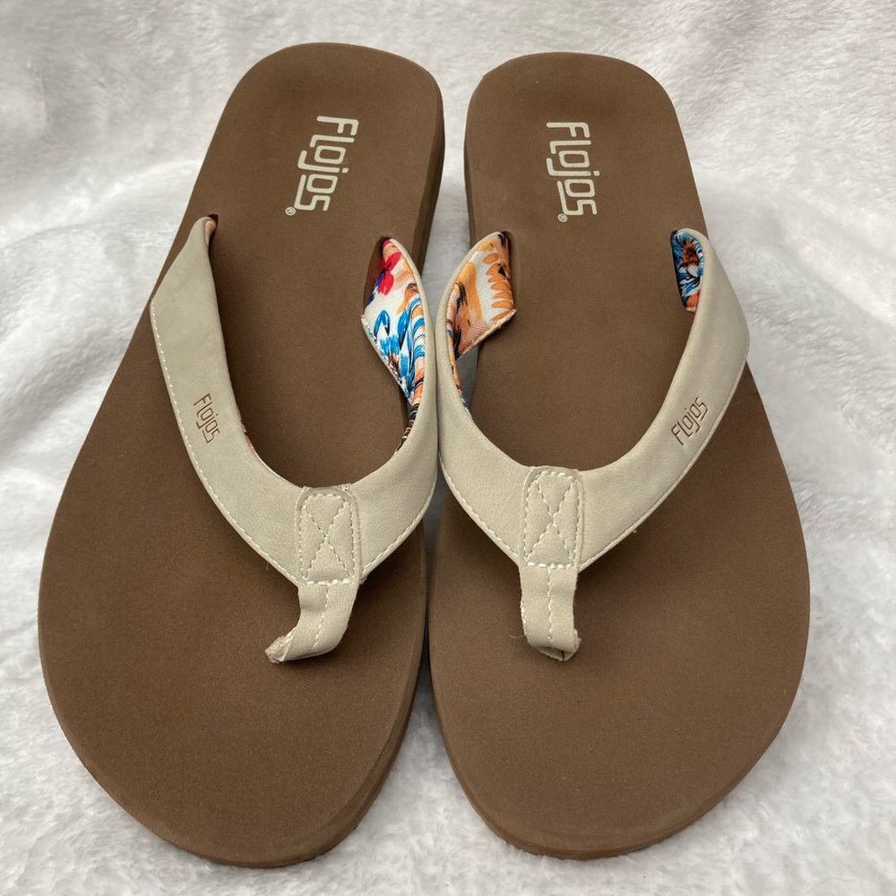 Flojos Women's Tan and Cream Sandals with Colorful Accents